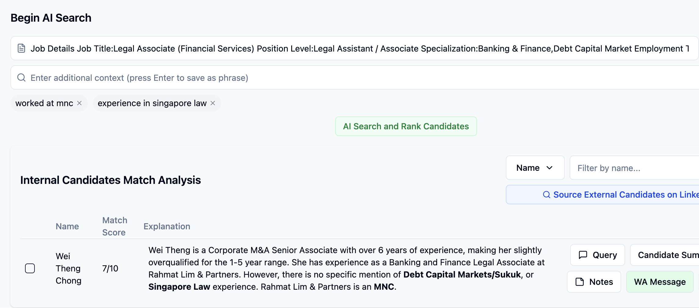 LLM-powered candidate matching interface